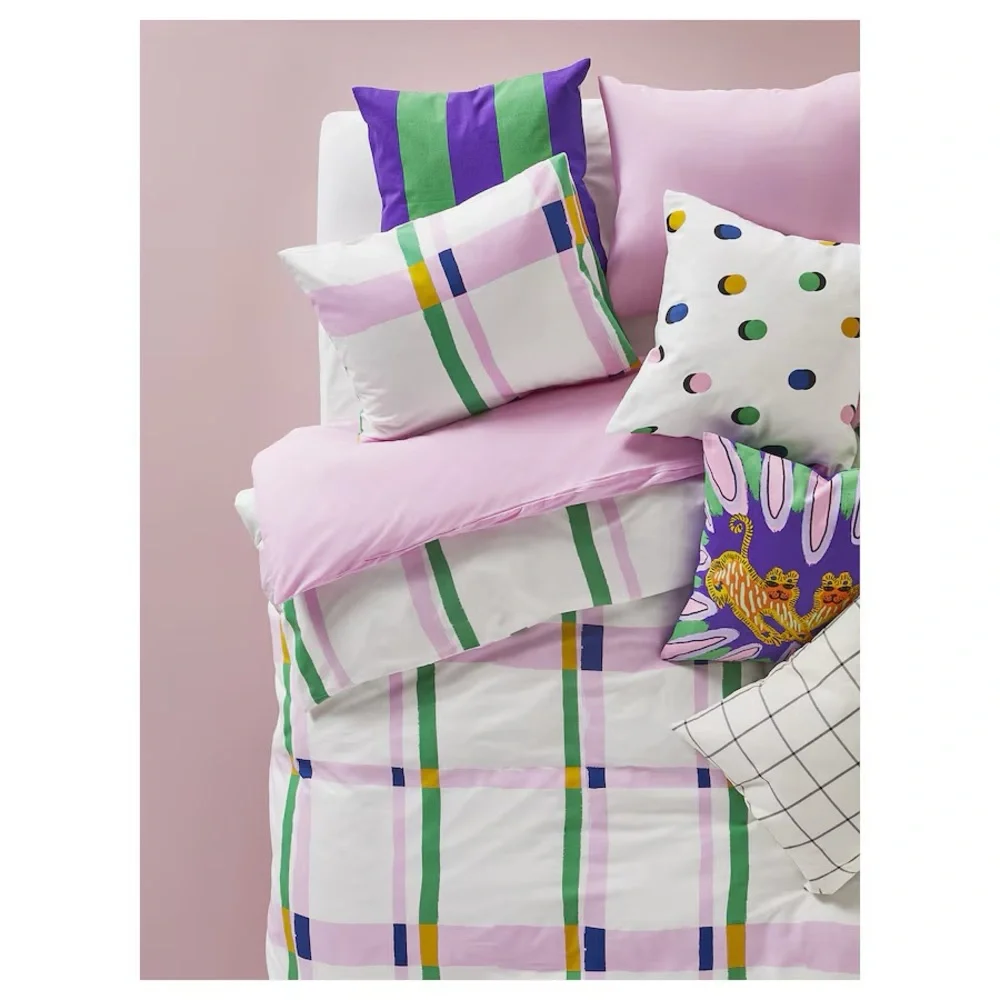 IKEA SYRABLADMAL Duvet cover w/ pillowcase(s), multicolor/check, Full/Queen New